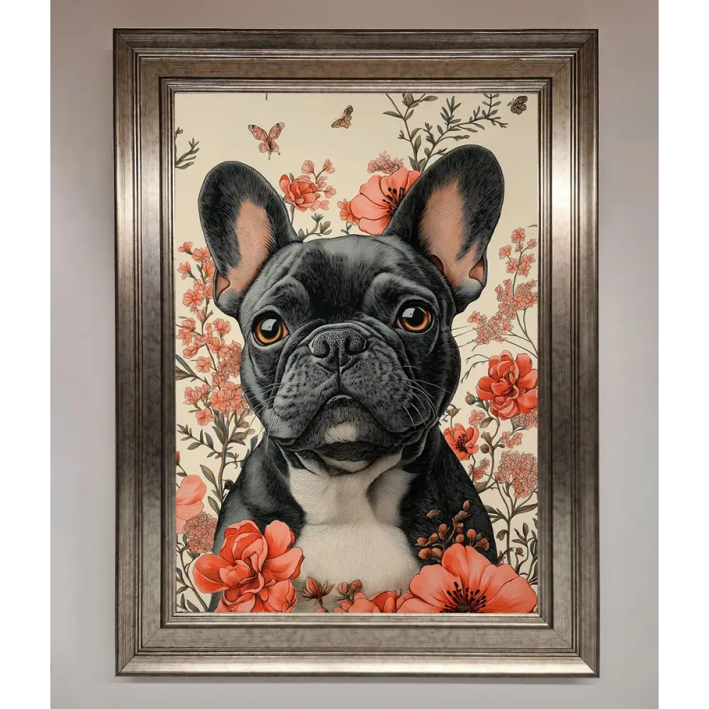 French Bulldog In Flowers Framed Print - A3 (29.7 x 42 cm) / Silver - Framed Print
