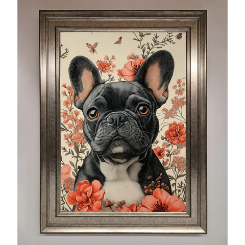 French Bulldog In Flowers Framed Print - A3 (29.7 x 42 cm) / Silver - Framed Print