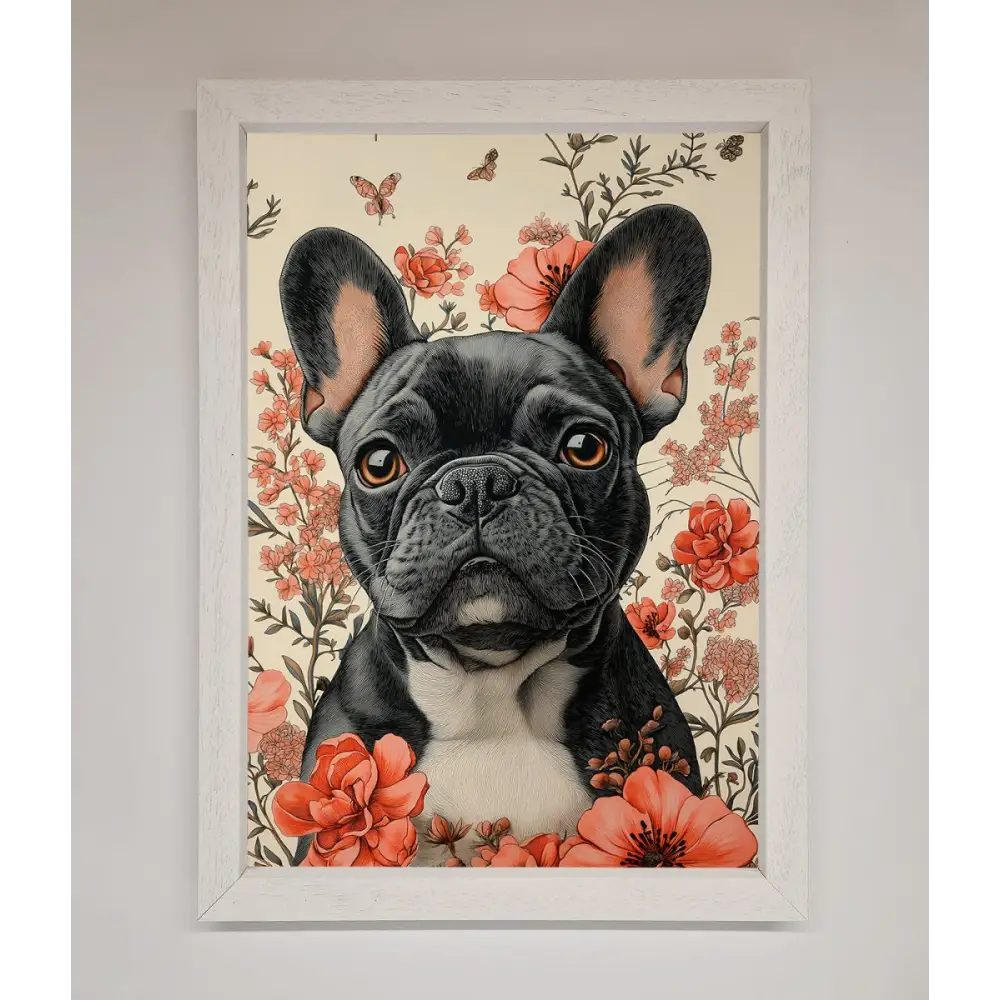 French Bulldog In Flowers Framed Print - A3 (29.7 x 42 cm) / White - Framed Print