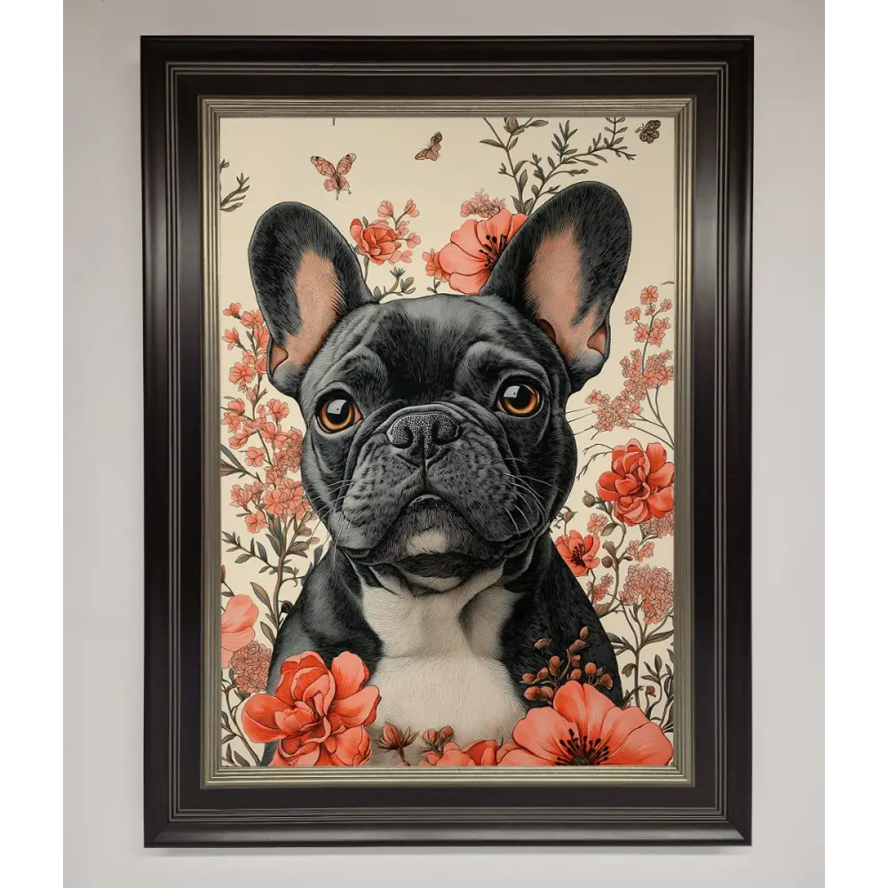 French Bulldog In Flowers Framed Print - B0 (100 x 141 cm) / Black Silver - Framed Print