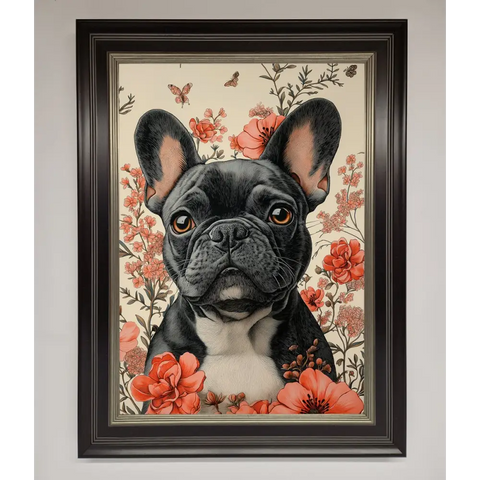 French Bulldog In Flowers Framed Print - B0 (100 x 141 cm) / Black Silver - Framed Print