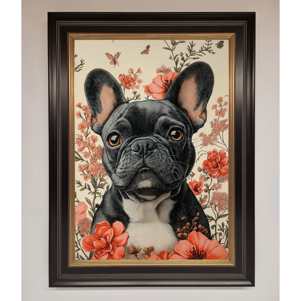 French Bulldog In Flowers Framed Print - B0 (100 x 141 cm) / Black Gold - Framed Print