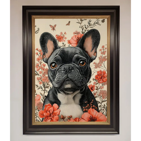 French Bulldog In Flowers Framed Print - B0 (100 x 141 cm) / Black Gold - Framed Print