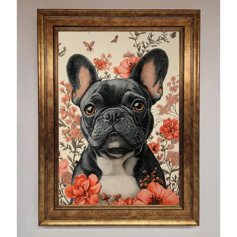 French Bulldog In Flowers Framed Print - B0 (100 x 141 cm) / Bronze - Framed Print