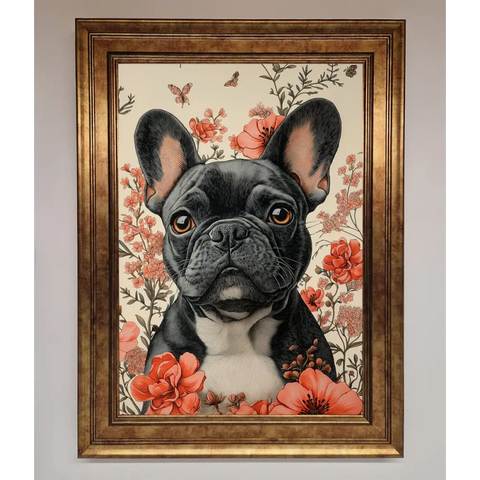French Bulldog In Flowers Framed Print - B0 (100 x 141 cm) / Bronze - Framed Print