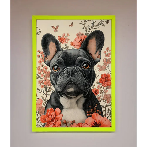 French Bulldog In Flowers Framed Print - B0 (100 x 141 cm) / Neon Green - Framed Print