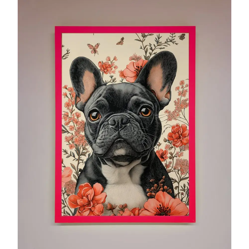 French Bulldog In Flowers Framed Print - B0 (100 x 141 cm) / Neon Pink - Framed Print
