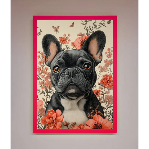 French Bulldog In Flowers Framed Print - B0 (100 x 141 cm) / Neon Pink - Framed Print