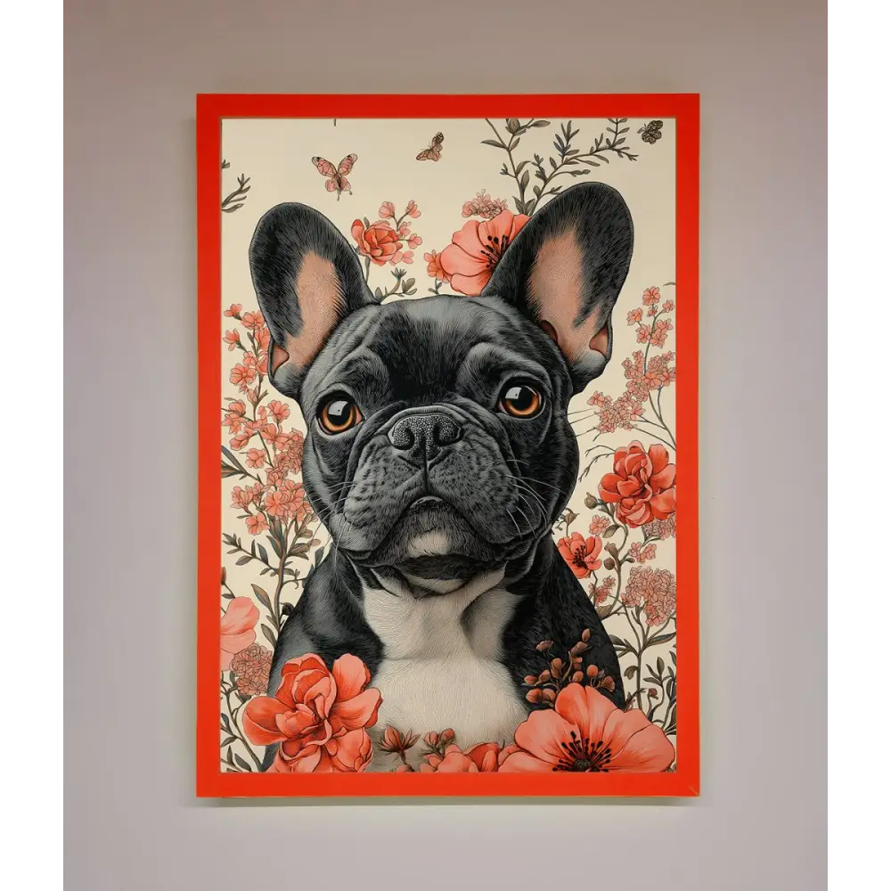 French Bulldog In Flowers Framed Print - B0 (100 x 141 cm) / Neon Red - Framed Print