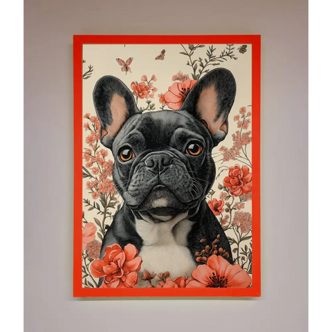 French Bulldog In Flowers Framed Print - B0 (100 x 141 cm) / Neon Red - Framed Print