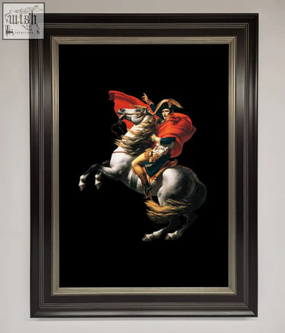 Framed poster of napoleon bonaparte on a white horse in dramatic chiaroscuro with red and gold accents french king ride