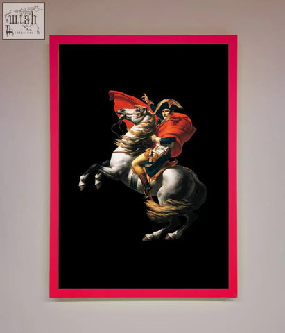 A vibrant pink framed poster of napoleon bonaparte on horseback in red and gold for a french king ride framed decor