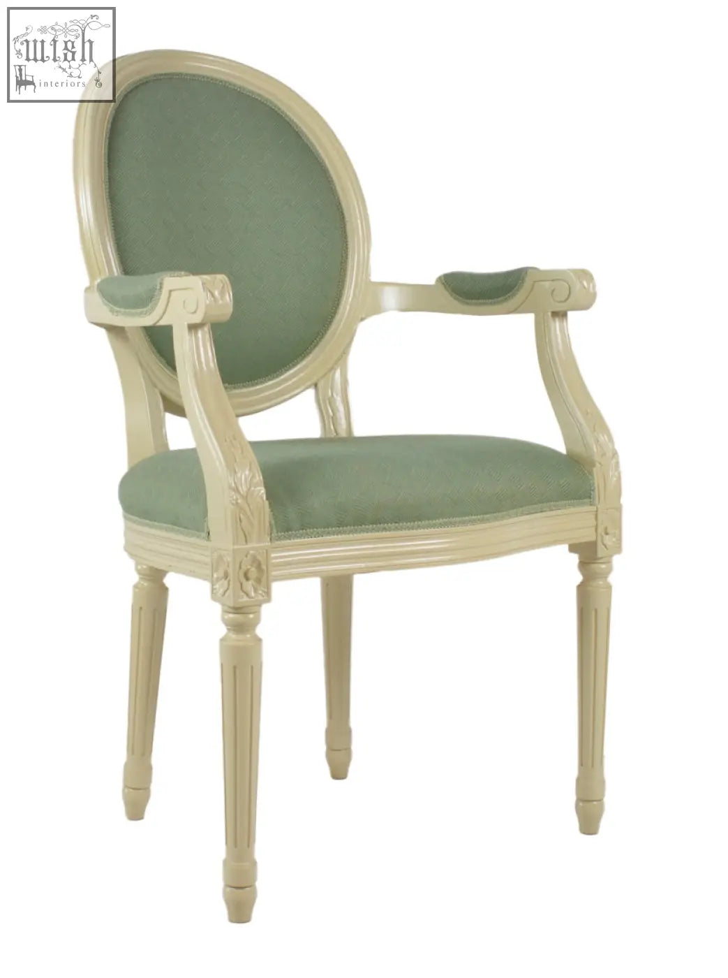 Beige wooden french oval plain armchair with sage green upholstered seat and ornate carved frame plain carver chair