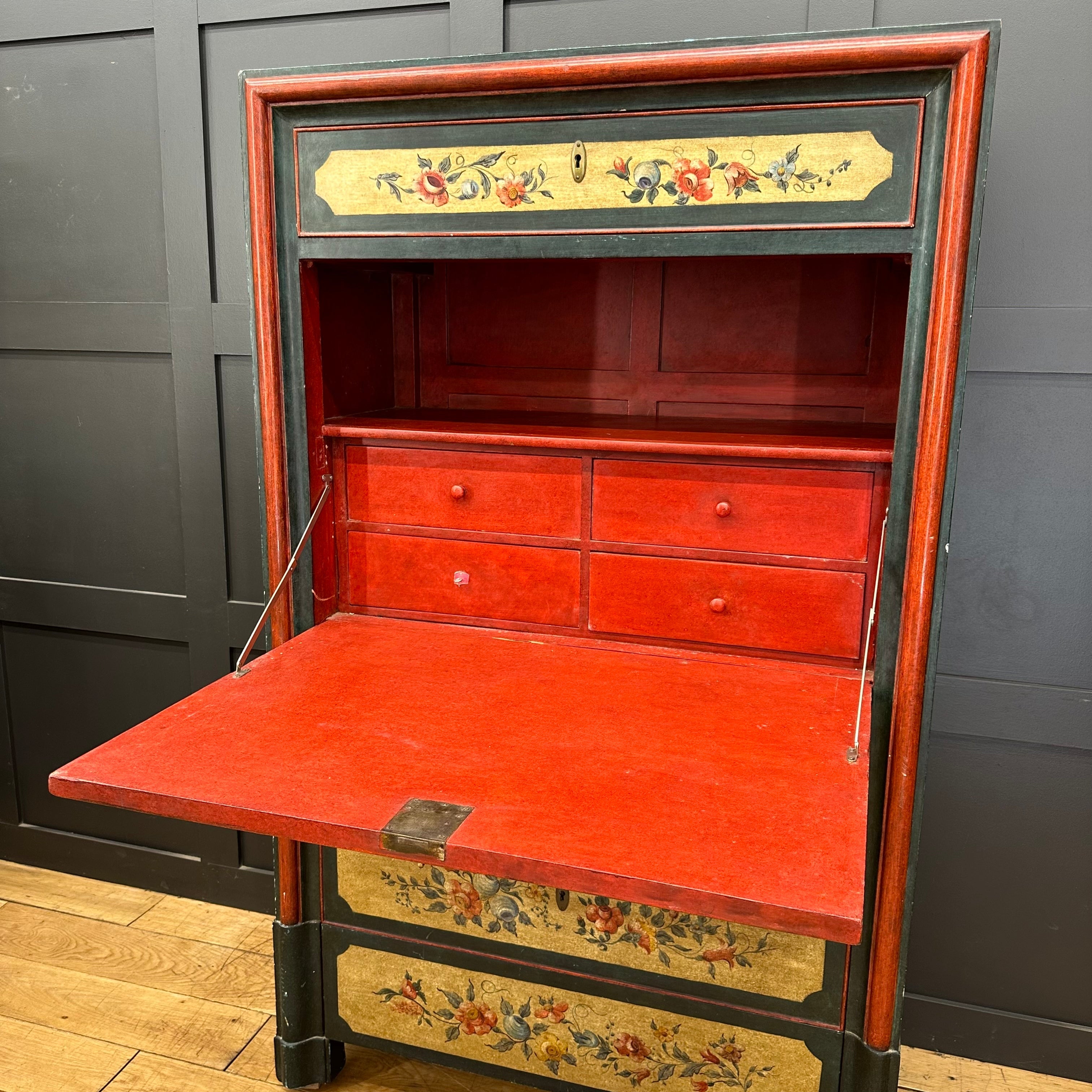 Vibrant red lacquered secretaire d’abattant with floral hand-painted accents on drawers and frame vintage style