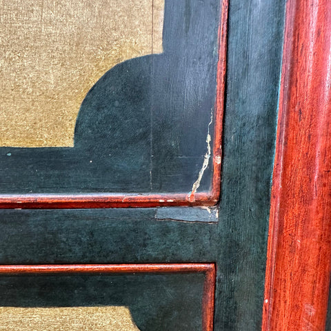 Vintage french painted drop front bureau desk with black red wooden frame and gold leaf accents secretaire d’abattant