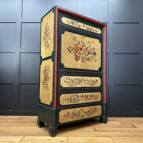 French painted drop front bureau desk secretaire d’abattant with black red frame and ornate floral embroidery on golden panels