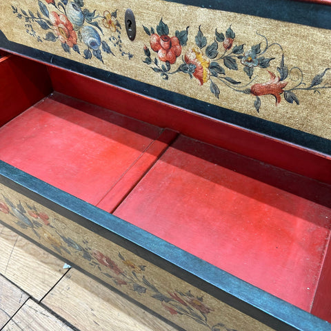 Vintage wooden secretaire d’abattant with gold-leafed lid and hand-painted red blue and green floral motifs