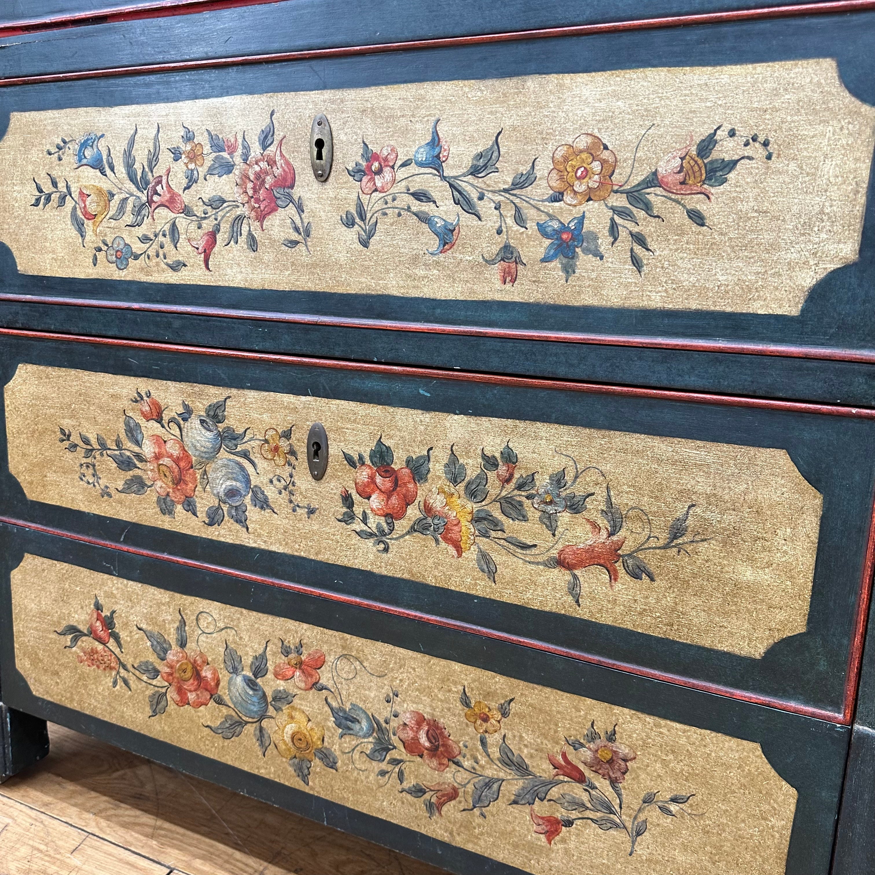 Antique french painted drop front bureau desk with three hand-painted floral drawers on gold and blue secretaire d’abattant