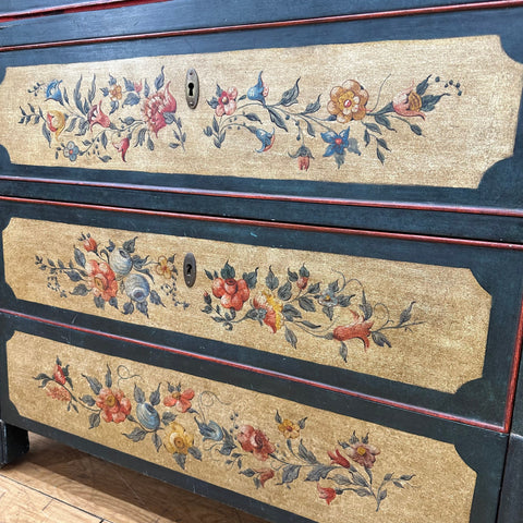 Antique french painted drop front bureau desk with three hand-painted floral drawers on gold and blue secretaire d’abattant