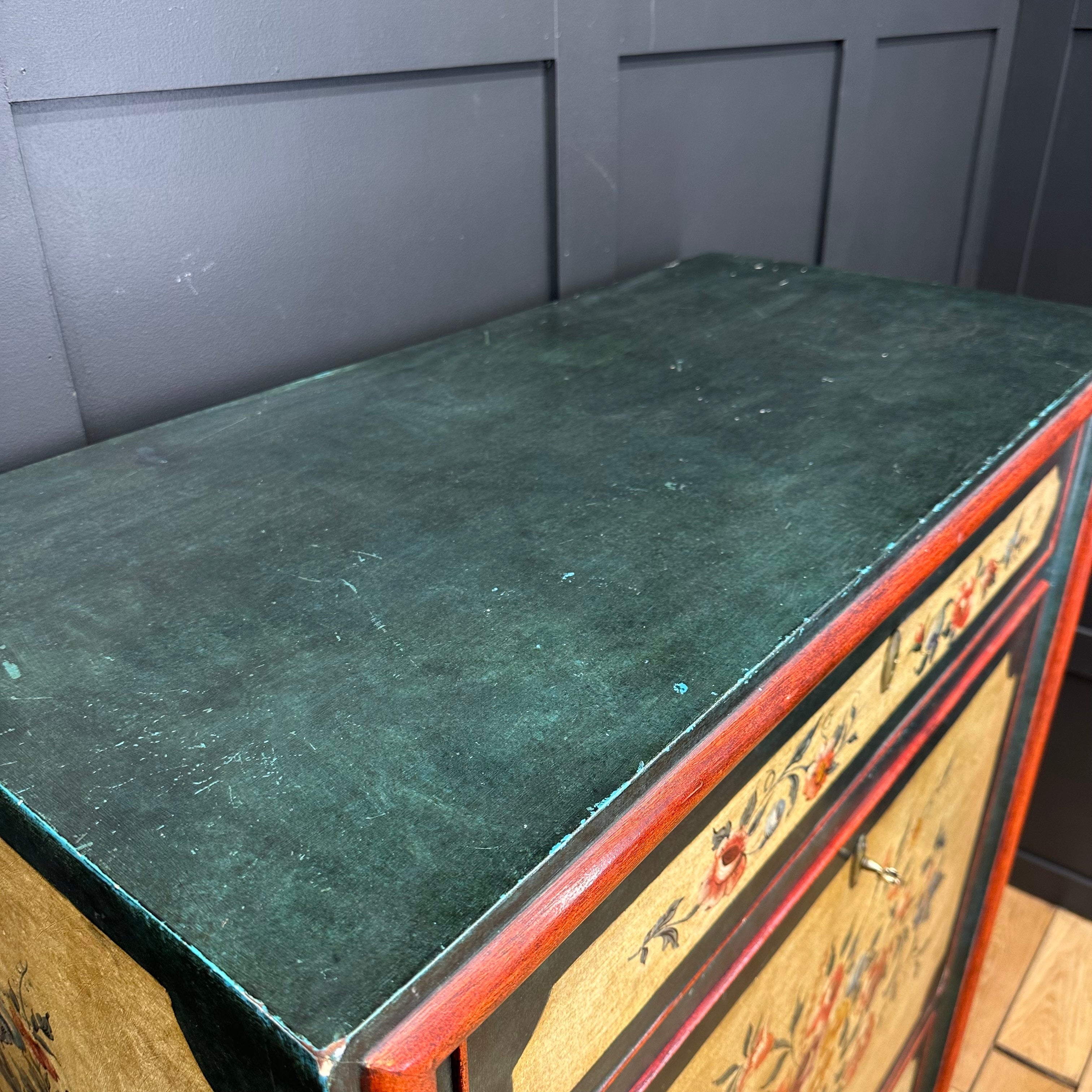 Antique wooden secretaire d’abattant with dark green worn top and vibrant red trim french painted drop front desk