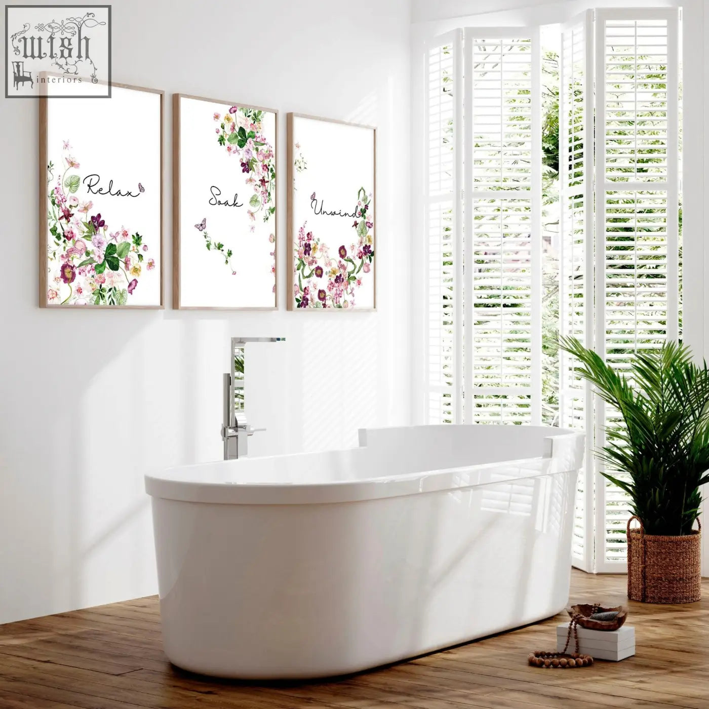 White freestanding bathtub with sleek modern design and glossy surface featured in french style country wall art set