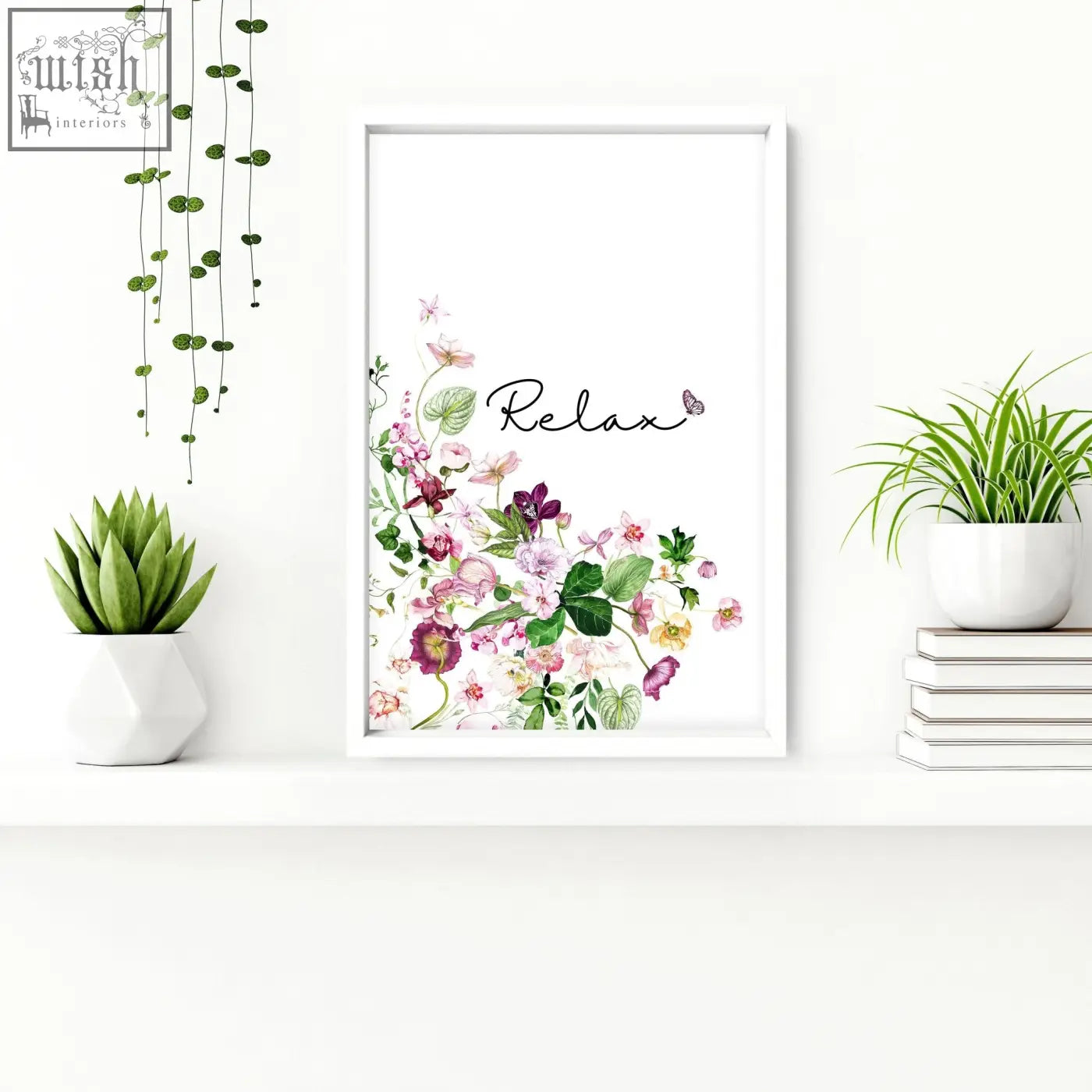 White-framed relax floral wall art with pink purple watercolor blossoms for french style country bathroom decor