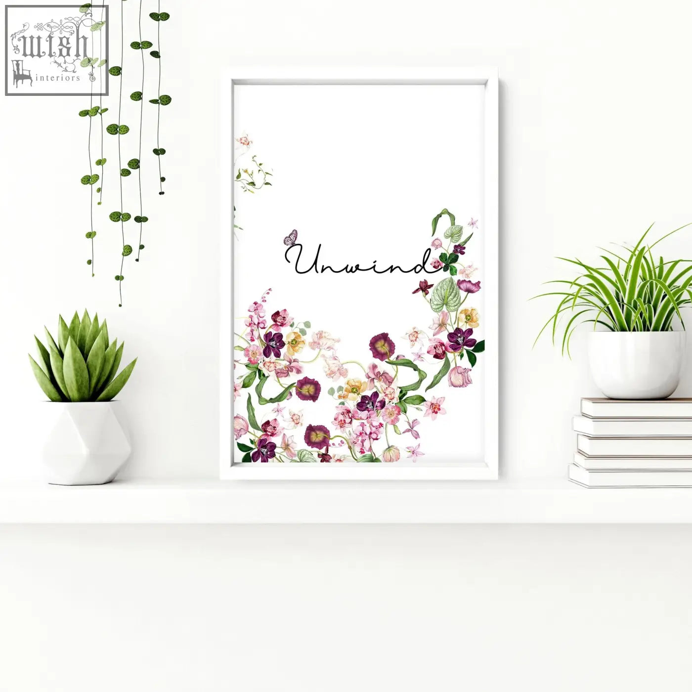 White-framed floral wall art with unwind script and pink purple yellow flowers in french style country set of 3