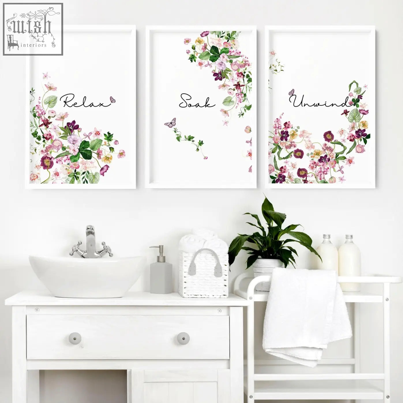 Three framed floral wall art prints in french style country design with relax soak unwind script and soft watercolor blooms