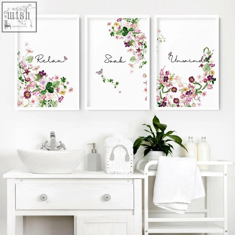Three framed floral wall art prints in french style country design with relax soak unwind script and soft watercolor blooms