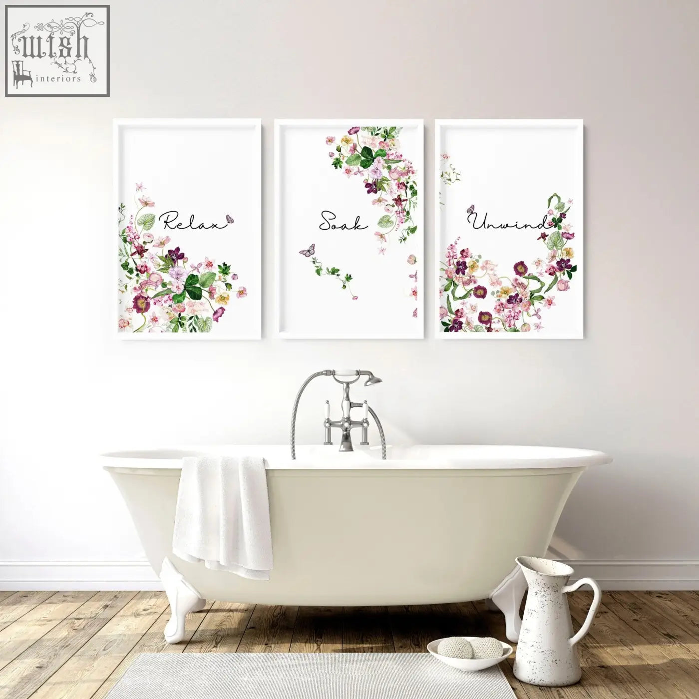 Three framed french style country wall art prints with floral watercolor blossoms and relax breathe unwind script