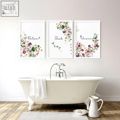 Three framed french style country wall art prints with floral watercolor blossoms and relax breathe unwind script