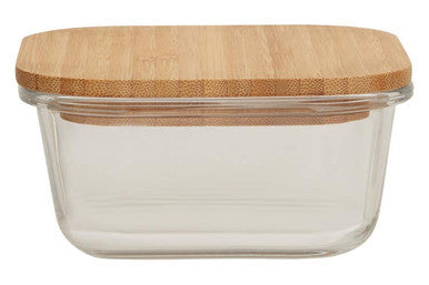 Clear glass rectangular 520ml glass container with a light brown bamboo lid from freska perfect for storage