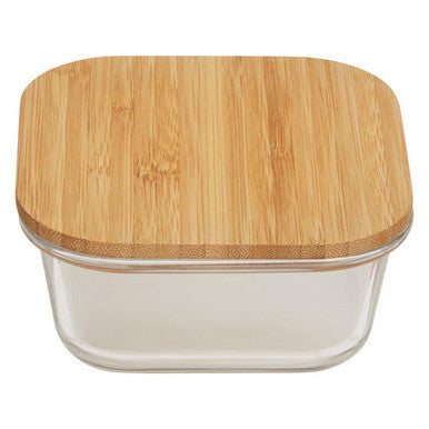 Clear glass rectangular freska 520ml container with a light brown bamboo lid for food storage