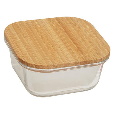 Clear rectangular freska 520ml glass container with a light brown bamboo lid for food storage