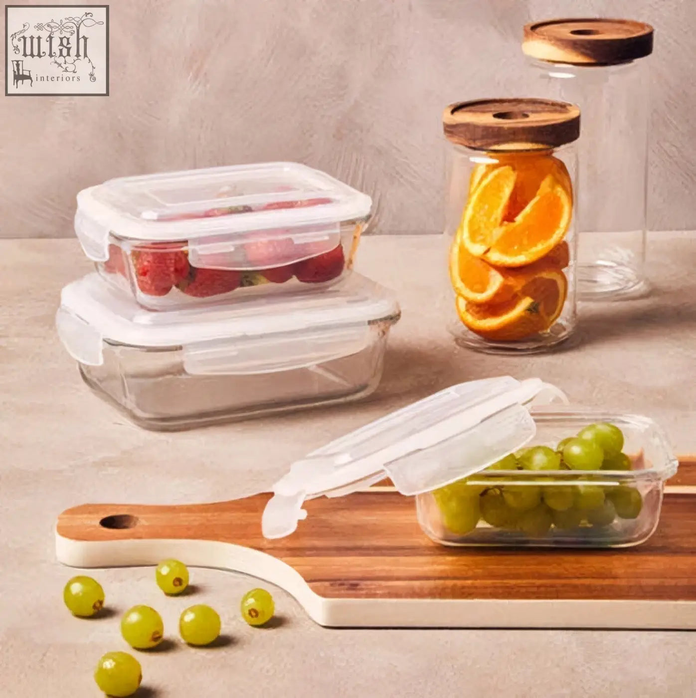 Freska glass container 640ml set of clear glass containers with white plastic lids and wooden tops filled with fruit