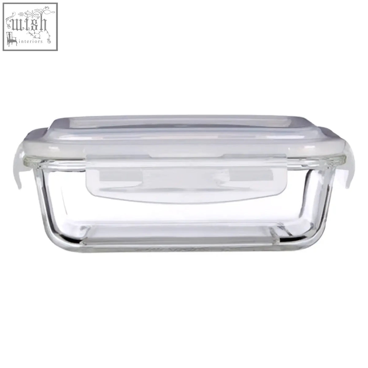 Clear glass rectangular freska glass container 640ml with transparent lid and silver metal sealing edges for storage