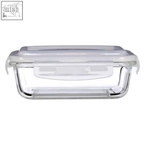 Clear glass rectangular freska glass container 640ml with transparent lid and silver metal sealing edges for storage