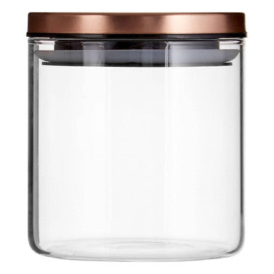 Clear glass Freska storage jar with a rose gold lid and copper-colored metal finish 550ml capacity
