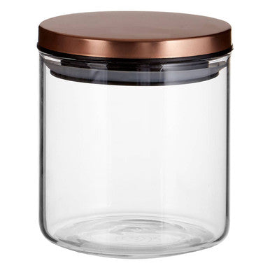Clear glass storage jar with a rose gold lid for kitchen organization by freska 550ml capacity