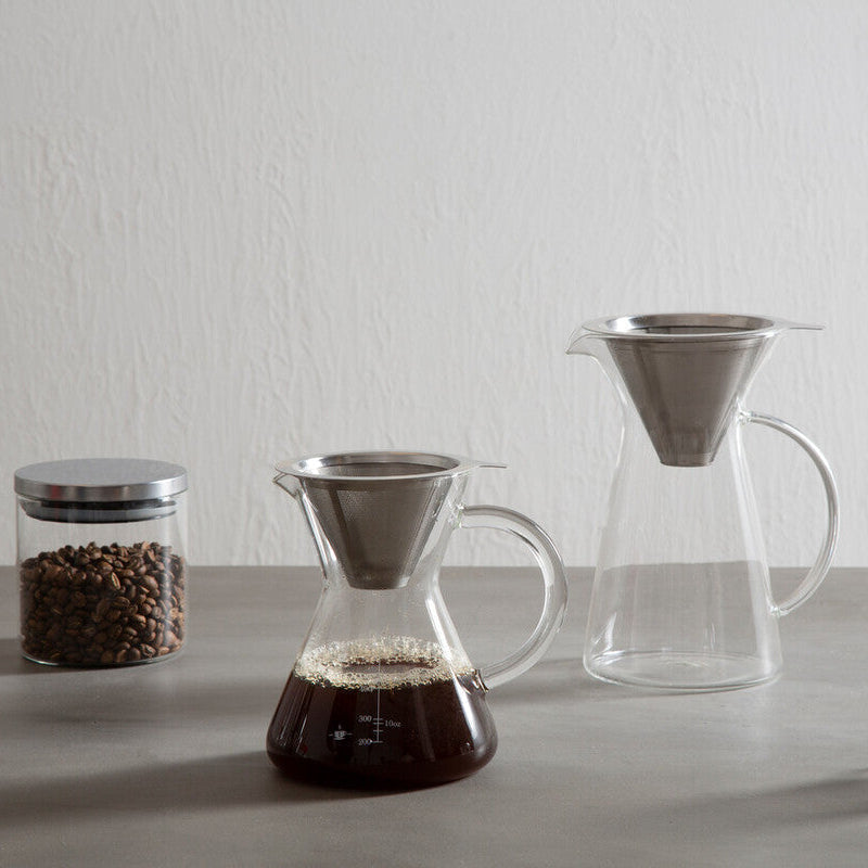 Freska glass storage jar 550ml with silver lid shown as clear pour-over coffee maker with stainless steel filter and markings