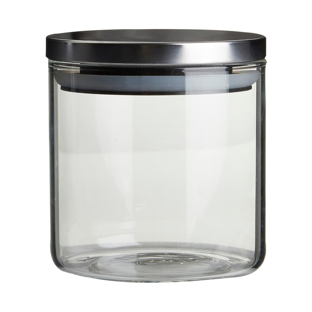 Freska glass storage jar with clear glass body and sleek reflective black lid for stylish glass storage