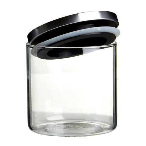 Freska glass storage jar with clear body and sleek black silver lid featuring a rubber seal for airtight storage