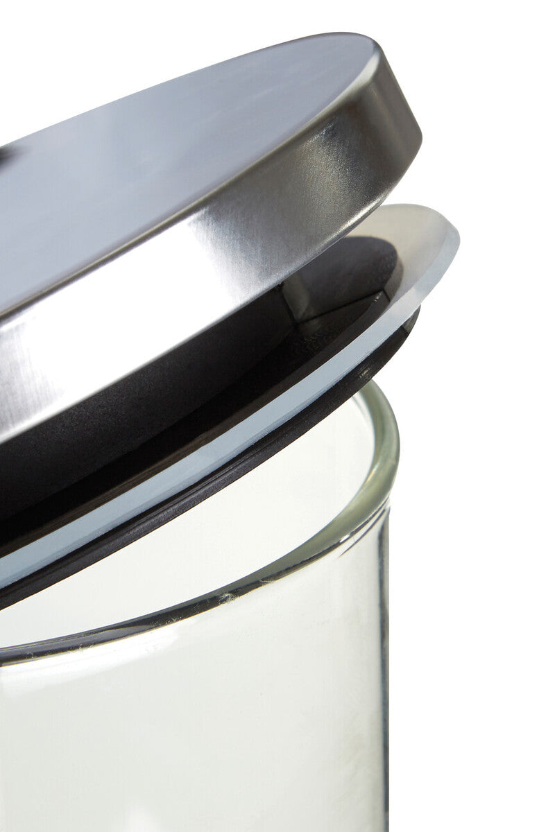 Freska glass storage jar 550ml with clear glass body sleek silver lid and black rubber seal for airtight storage