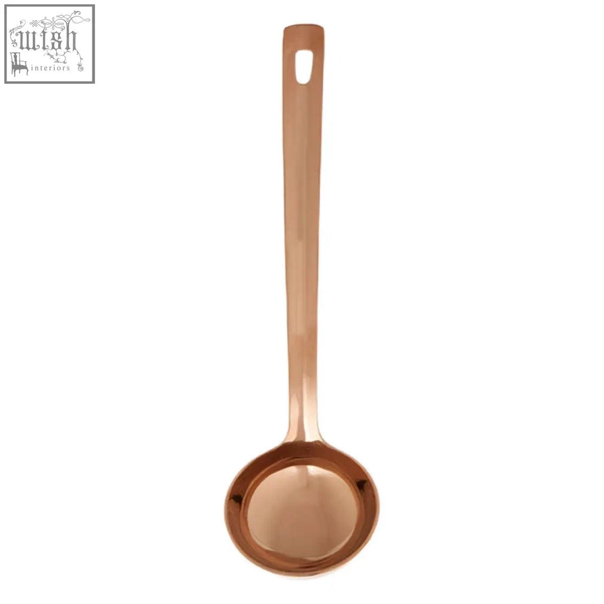 Freya rose gold finish ladle with a copper-colored rounded bowl and long handle for easy serving