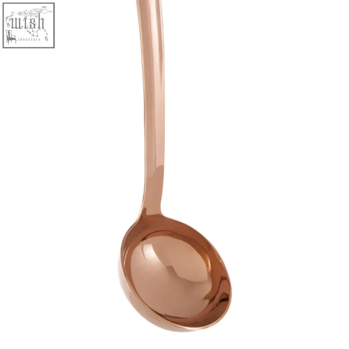 A sleek freya ladle with a long handle and smooth reflective bowl in a stylish rose gold finish