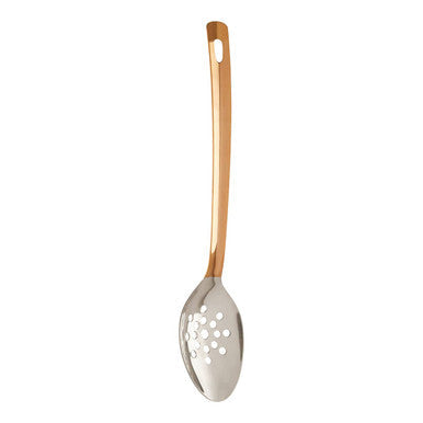 Freya stainless steel slotted spoon with copper finish handle and polished bowl with circular holes for draining