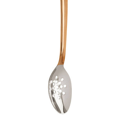 Freya stainless steel slotted spoon with copper finish handle and rose gold stainless steel perforated bowl