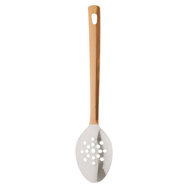 Freya stainless steel slotted spoon with silver head and copper finish wooden handle for easy serving