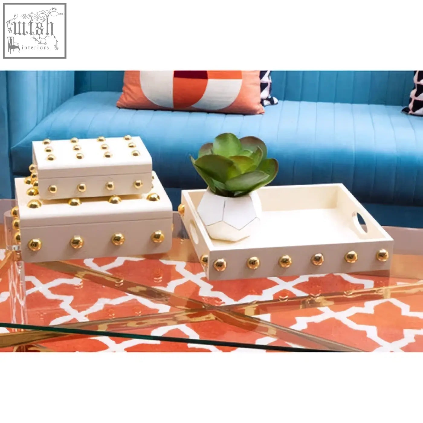 Cream and gold studded tray with rectangular shape and geometric pattern base from frida cream collection