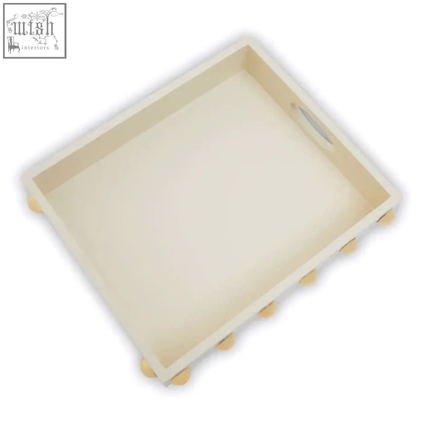 Cream rectangular gold studded tray with rounded corners and small spherical feet for stylish serving or decor